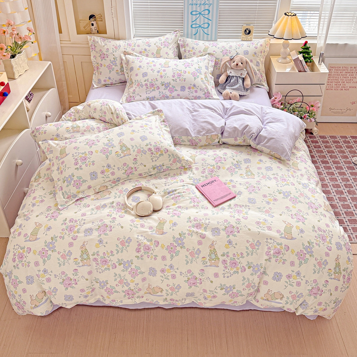 91家纺网 家纺一手货源 找家纺 董成龙家纺 2026春夏新款100%全棉纯棉印花四件套印花卡通系列三件套（喷气工艺） 醉花兔