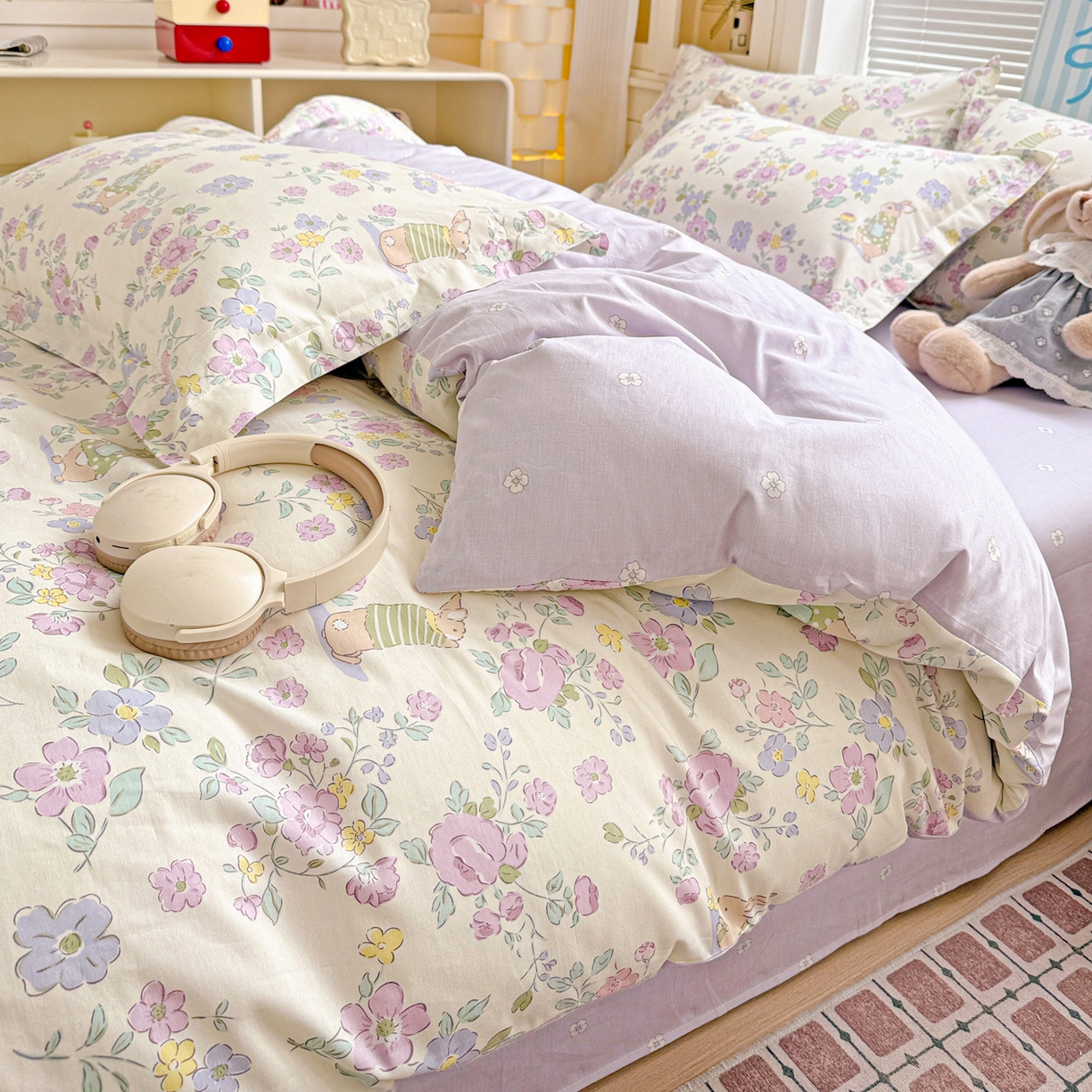 91家纺网 家纺一手货源 找家纺 董成龙家纺 2026春夏新款100%全棉纯棉印花四件套印花卡通系列三件套（喷气工艺） 醉花兔