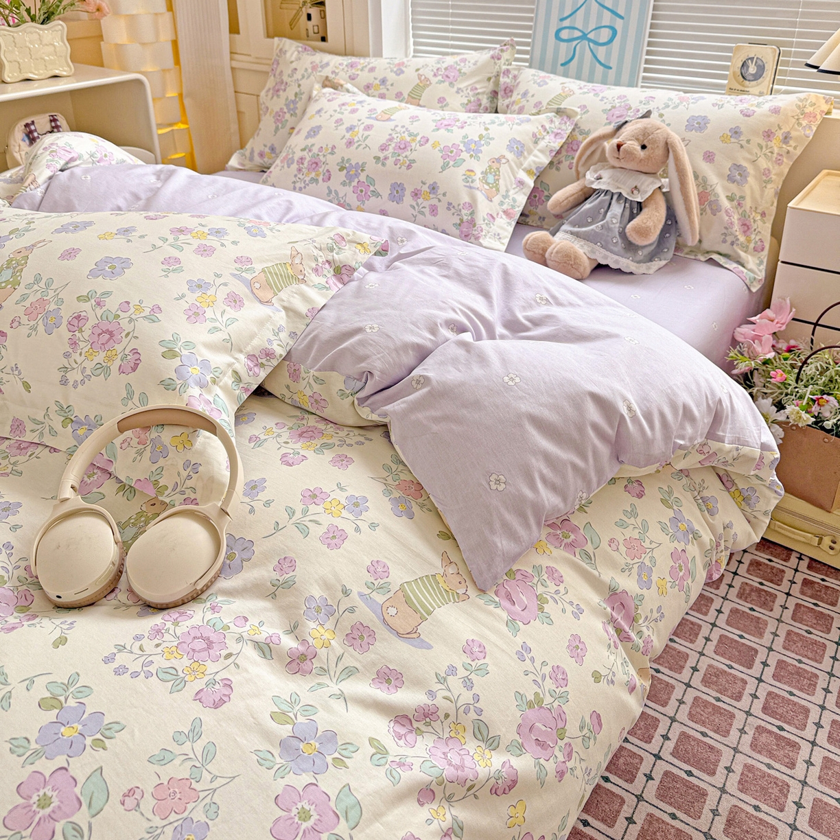 91家纺网 家纺一手货源 找家纺 董成龙家纺 2026春夏新款100%全棉纯棉印花四件套印花卡通系列三件套（喷气工艺） 醉花兔