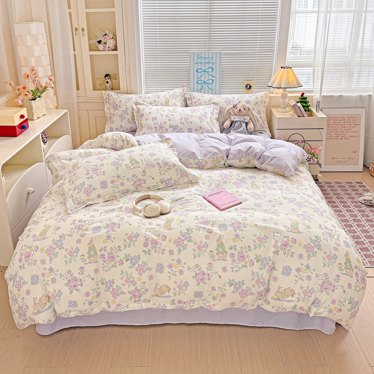 91家纺网 家纺一手货源 找家纺 董成龙家纺 2026春夏新款100%全棉纯棉印花四件套印花卡通系列三件套（喷气工艺） 醉花兔