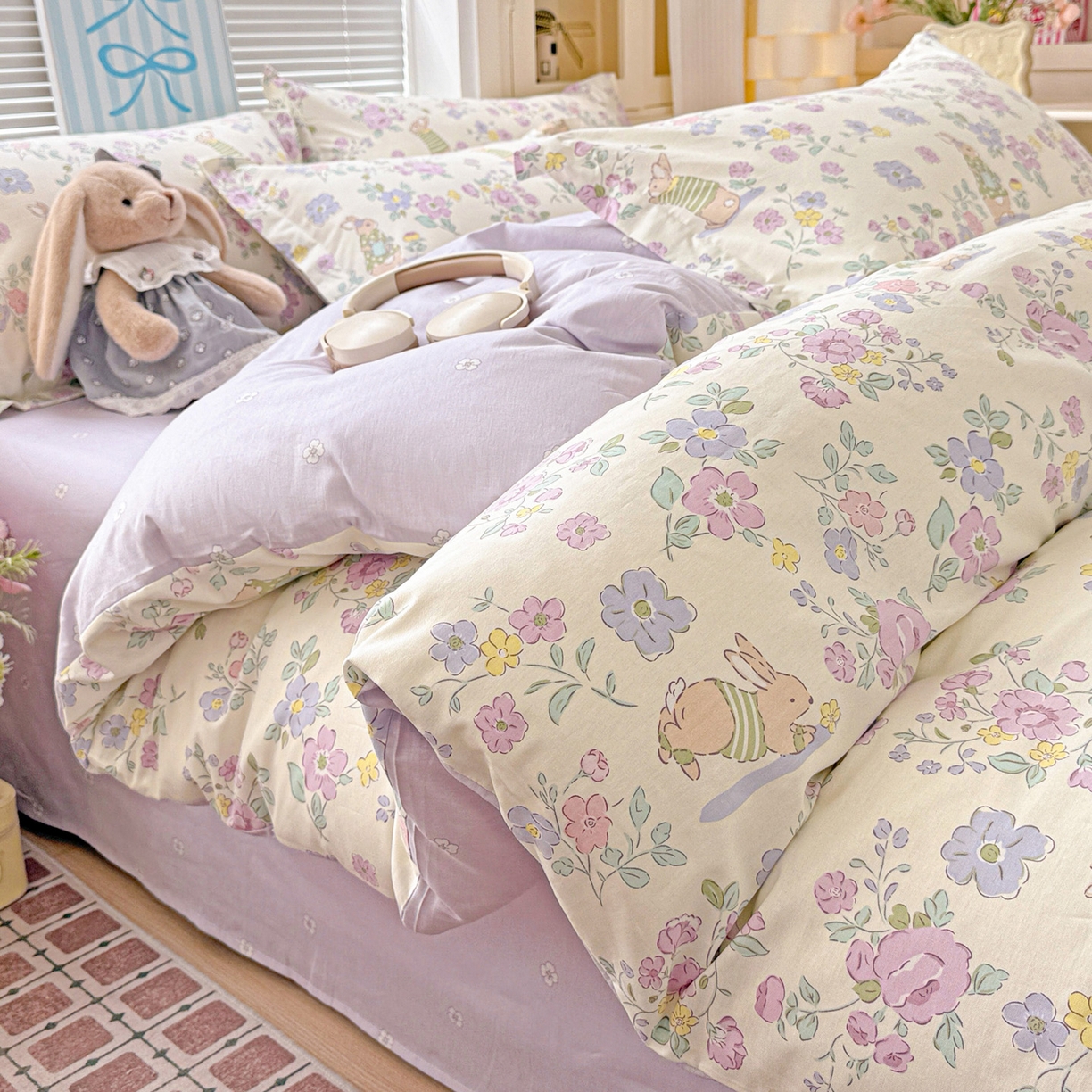 91家纺网 家纺一手货源 找家纺 董成龙家纺 2026春夏新款100%全棉纯棉印花四件套印花卡通系列三件套（喷气工艺） 醉花兔