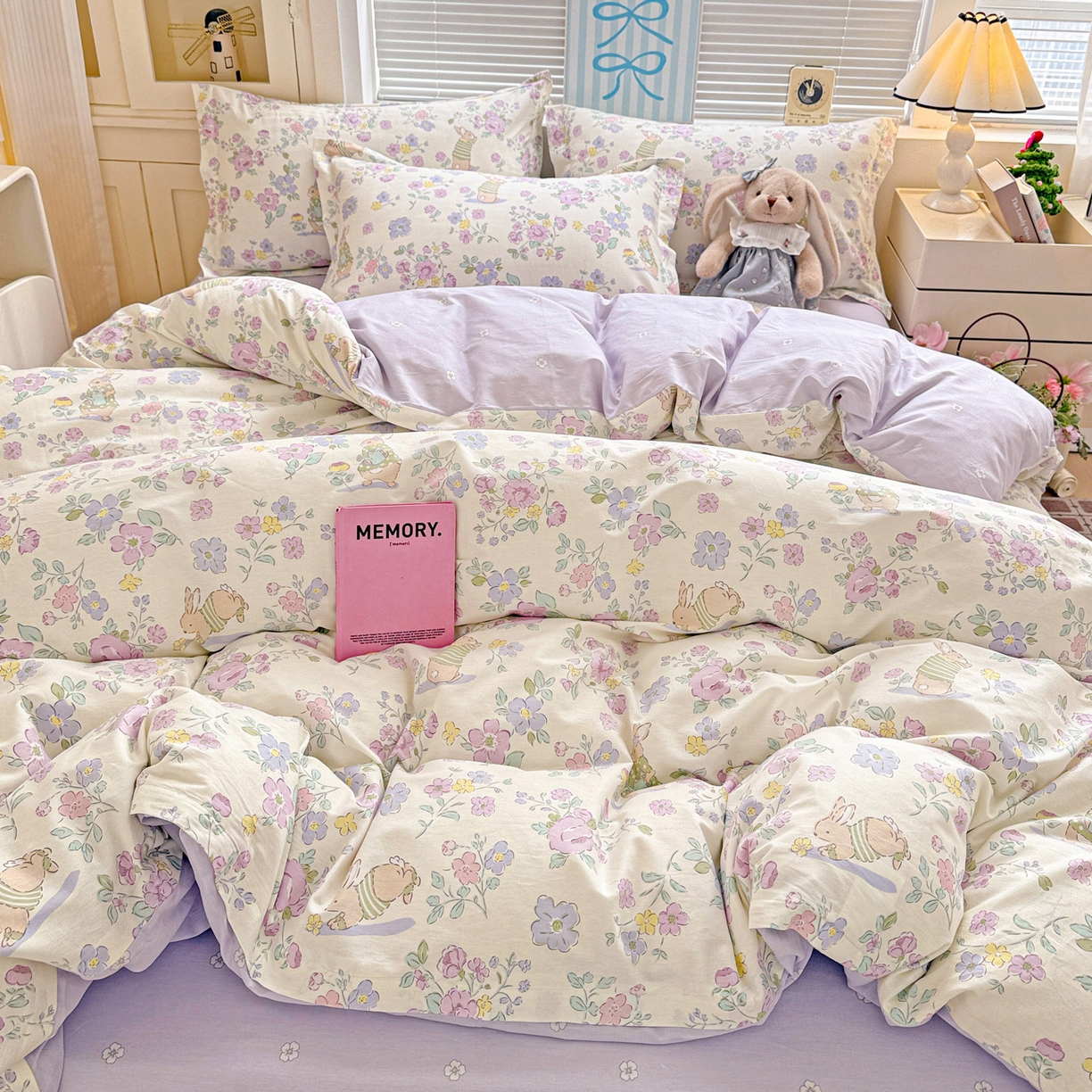 91家纺网 家纺一手货源 找家纺 董成龙家纺 2026春夏新款100%全棉纯棉印花四件套印花卡通系列三件套（喷气工艺） 醉花兔