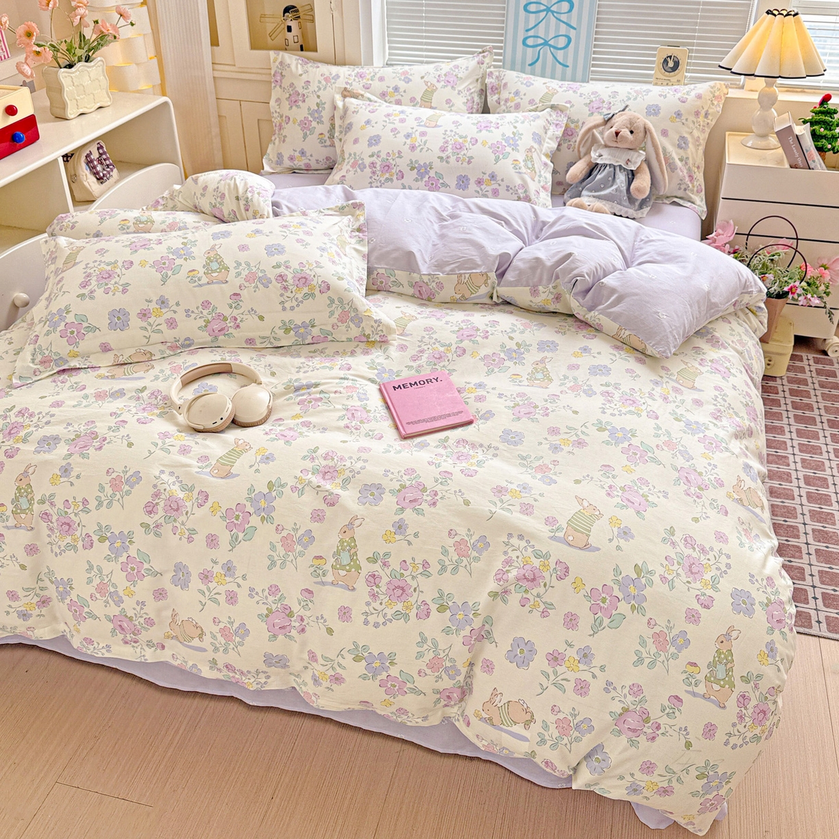 91家纺网 家纺一手货源 找家纺 董成龙家纺 2026春夏新款100%全棉纯棉印花四件套印花卡通系列三件套（喷气工艺） 醉花兔