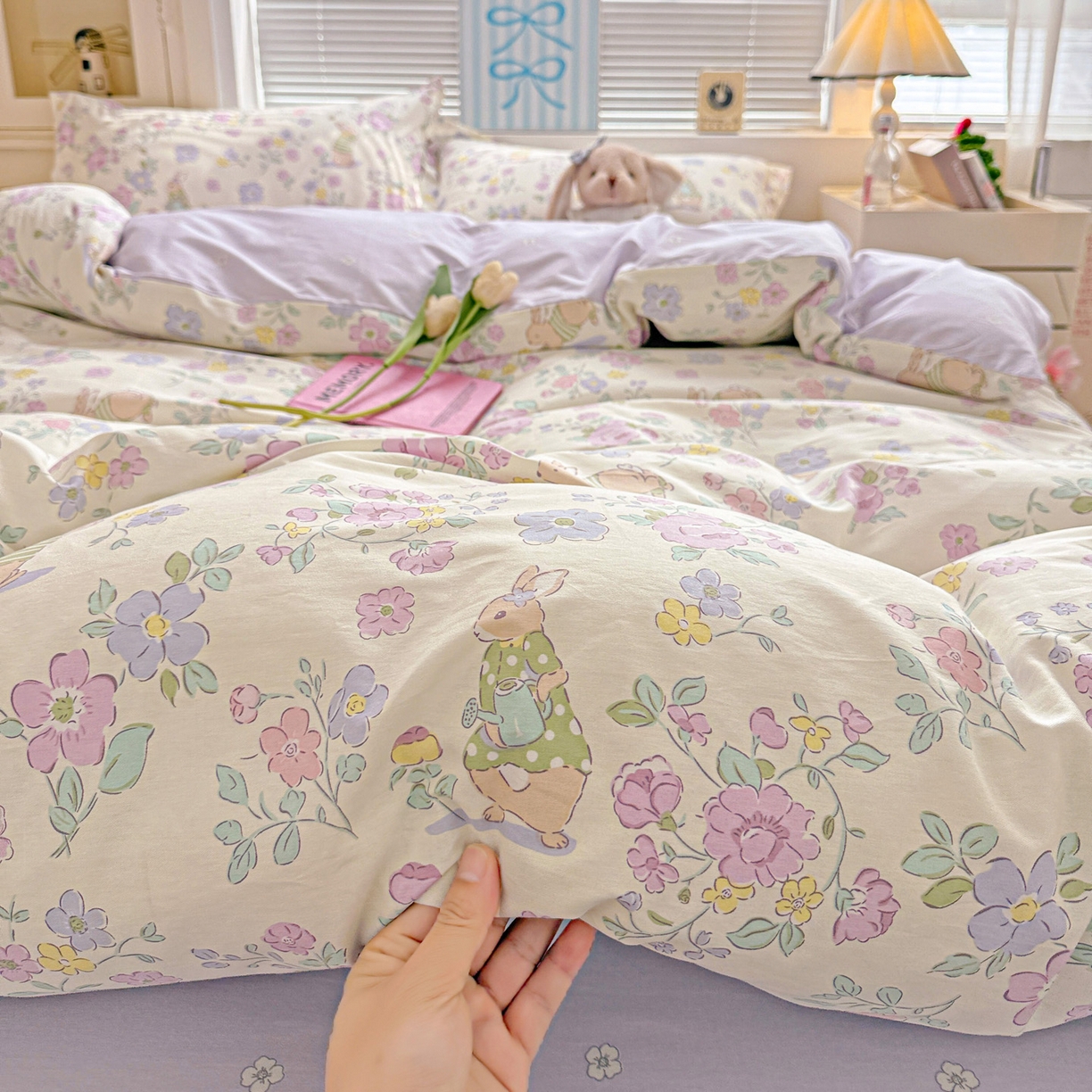 91家纺网 家纺一手货源 找家纺 董成龙家纺 2026春夏新款100%全棉纯棉印花四件套印花卡通系列三件套（喷气工艺） 醉花兔