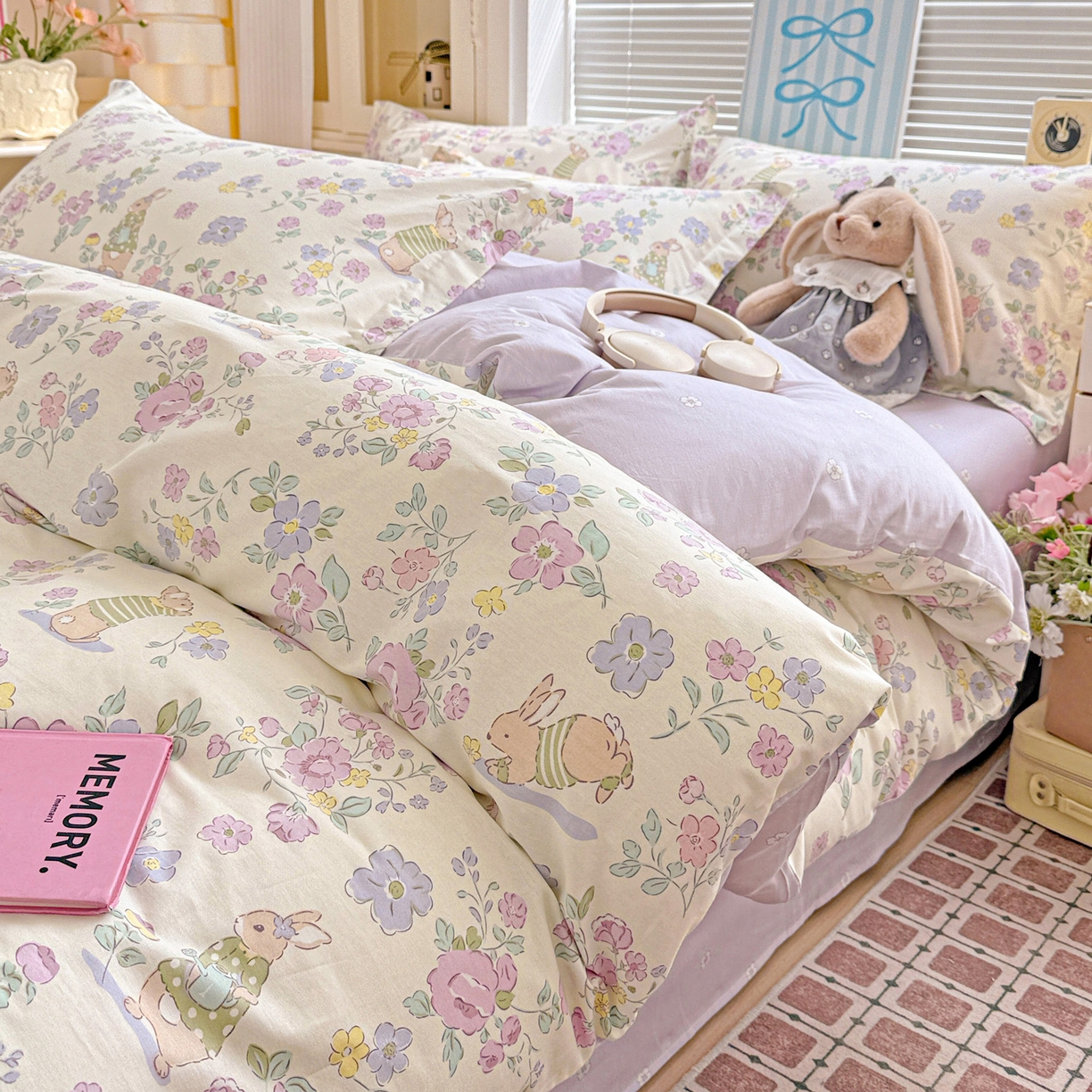 91家纺网 家纺一手货源 找家纺 董成龙家纺 2026春夏新款100%全棉纯棉印花四件套印花卡通系列三件套（喷气工艺） 醉花兔