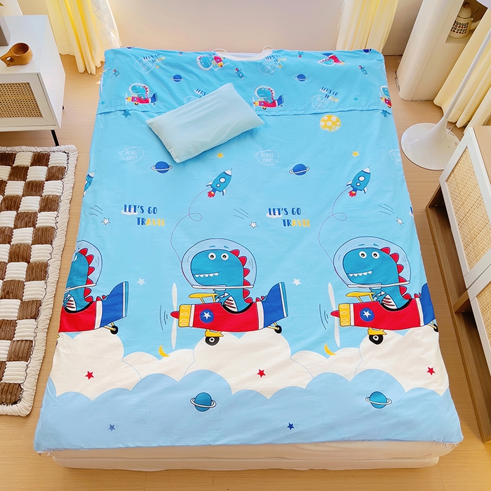 91家纺网 家纺一手货源 找家纺 萌朵家纺 2025新款豆豆绒全棉防踢被-结合牛奶绒绒防踢被 恐龙飞船