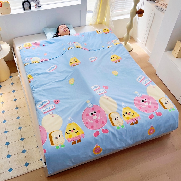 91家纺网 家纺一手货源 找家纺 萌朵家纺 2025新款豆豆绒全棉防踢被-结合牛奶绒绒防踢被 甜甜圈