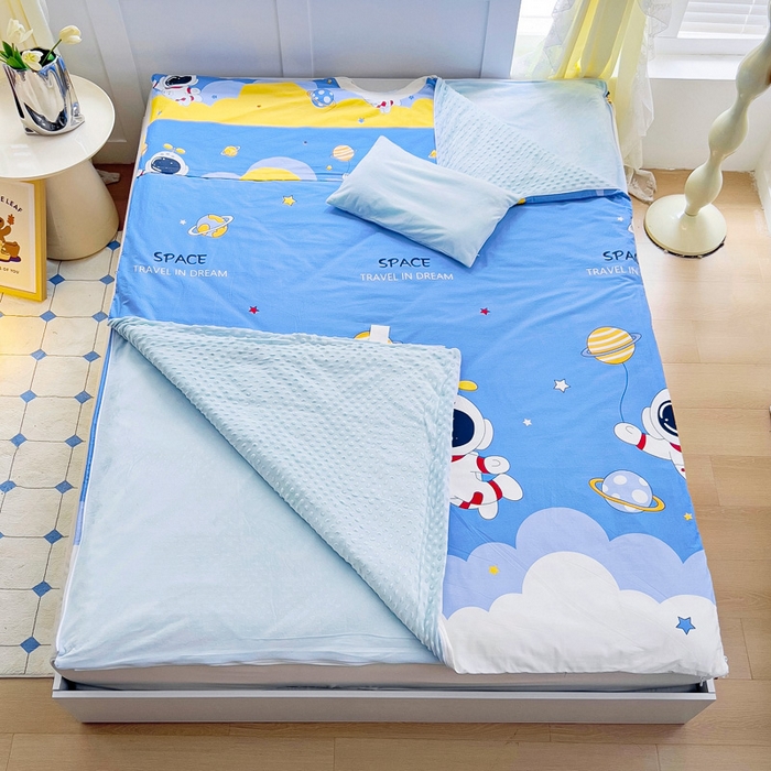 91家纺网 家纺一手货源 找家纺 萌朵家纺 2025新款豆豆绒全棉防踢被-结合牛奶绒绒防踢被 外星人