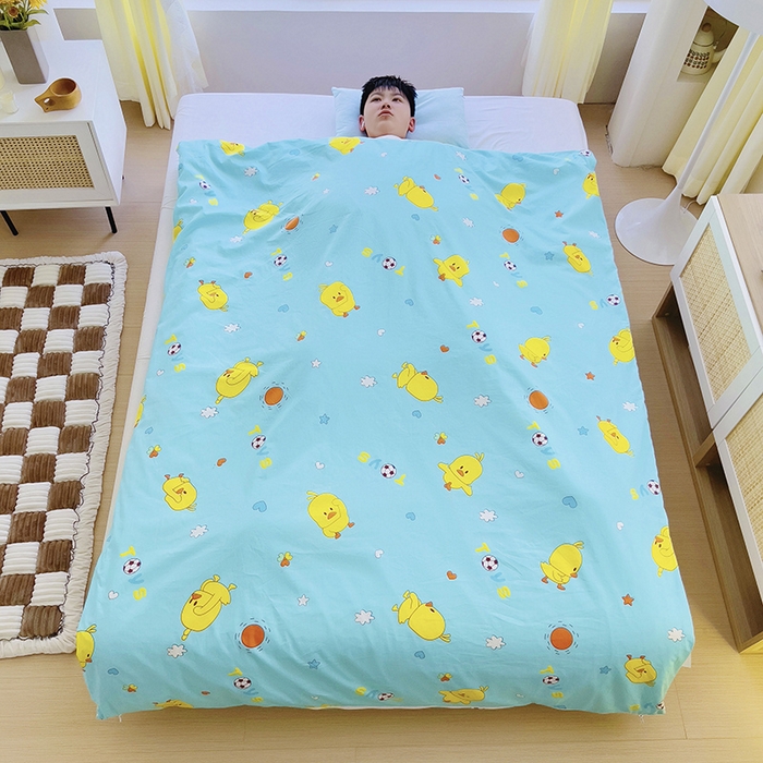 萌朵家纺 2025新款豆豆绒全棉防踢被-结合牛奶绒绒防踢被 小鸭踢球蓝