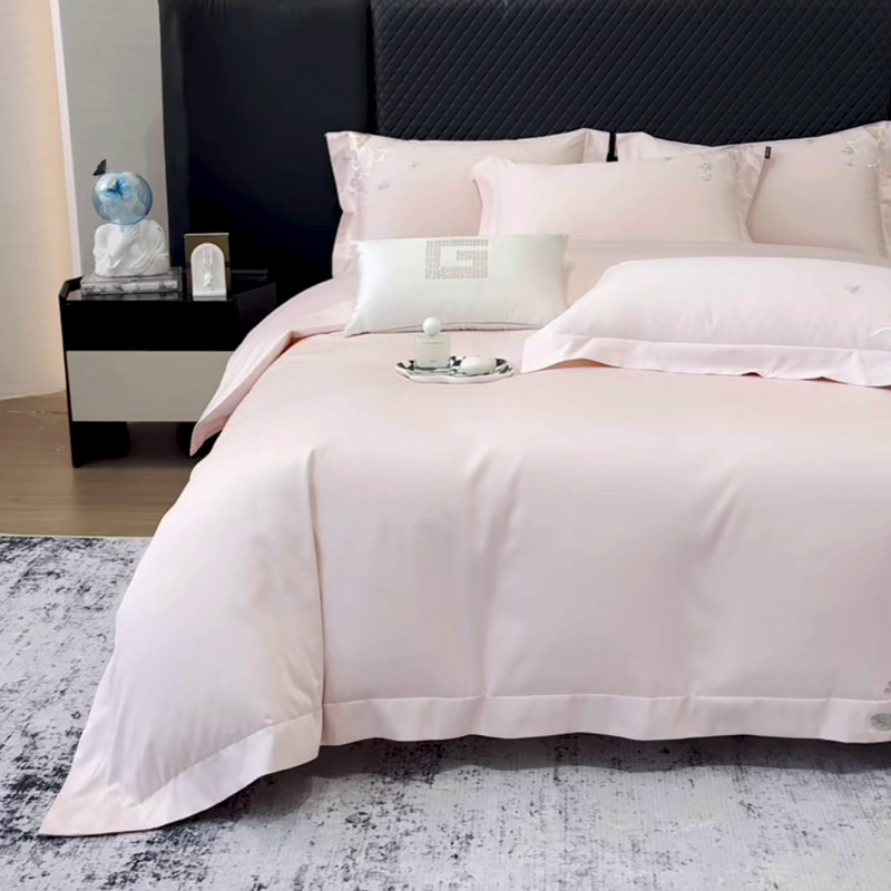 91家纺网 家纺一手货源 找家纺 2026新品高档轻奢风100支贡缎长绒棉纯棉四件套全棉重工刺绣被套床单床笠新品四季款床上用品 花影-颜粉