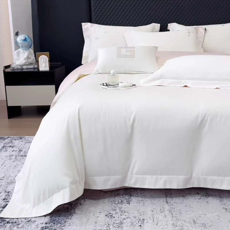 91家纺网 家纺一手货源 找家纺 2026新品高档轻奢风100支贡缎长绒棉纯棉四件套全棉重工刺绣被套床单床笠新品四季款床上用品 花影-白粉