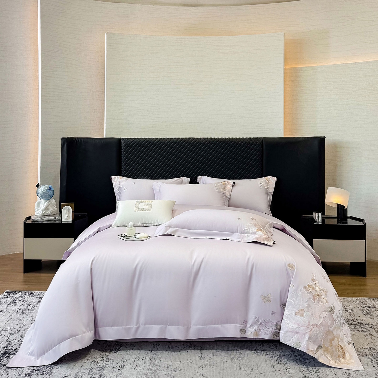 91家纺网 家纺一手货源 找家纺 2026新品高档轻奢风100支贡缎长绒棉纯棉四件套全棉重工刺绣被套床单床笠新品四季款床上用品 花影-黛紫