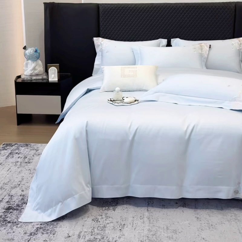 91家纺网 家纺一手货源 找家纺 2026新品高档轻奢风100支贡缎长绒棉纯棉四件套全棉重工刺绣被套床单床笠新品四季款床上用品 花影-慕蓝