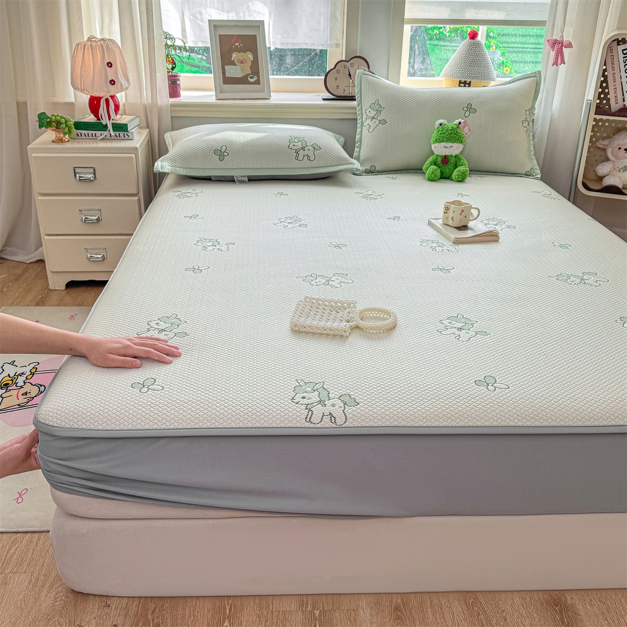 源舍家纺 2026新款A类PE卡通凉席三件套小红书爆款可水洗空调软席凉感值超0.25萌驹小马床笠款系列 萌驹-薄荷