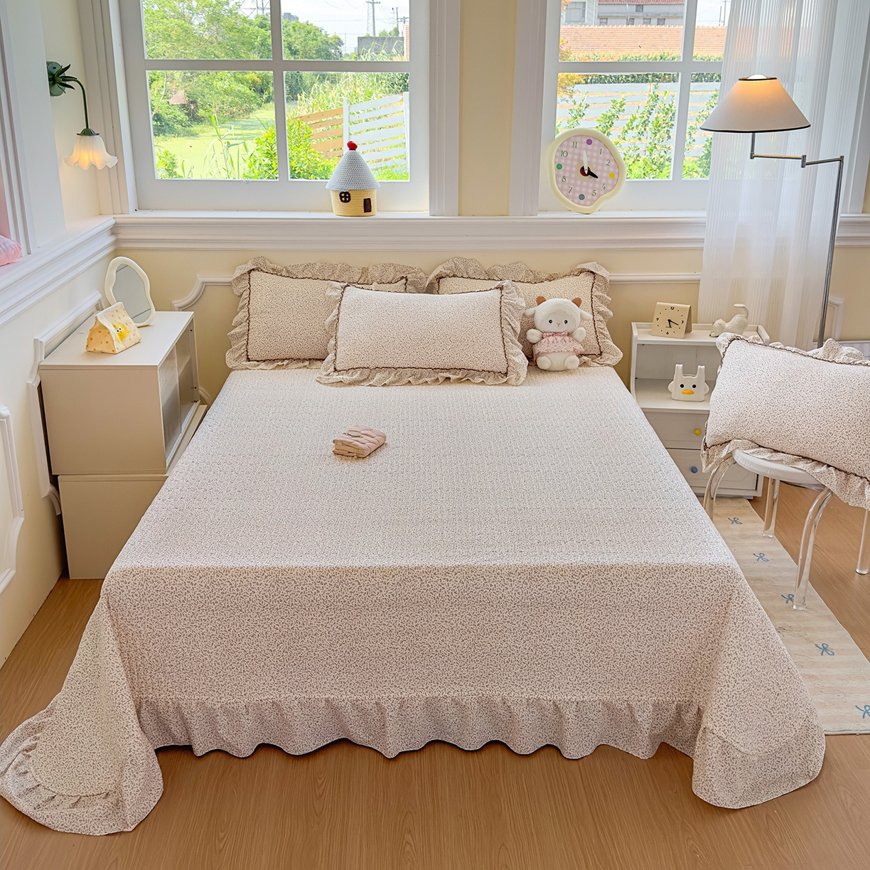 91家纺网 家纺一手货源 找家纺 星光耀 2026春夏新品加厚皱皱纱床盖四件套系列 小美好-咖