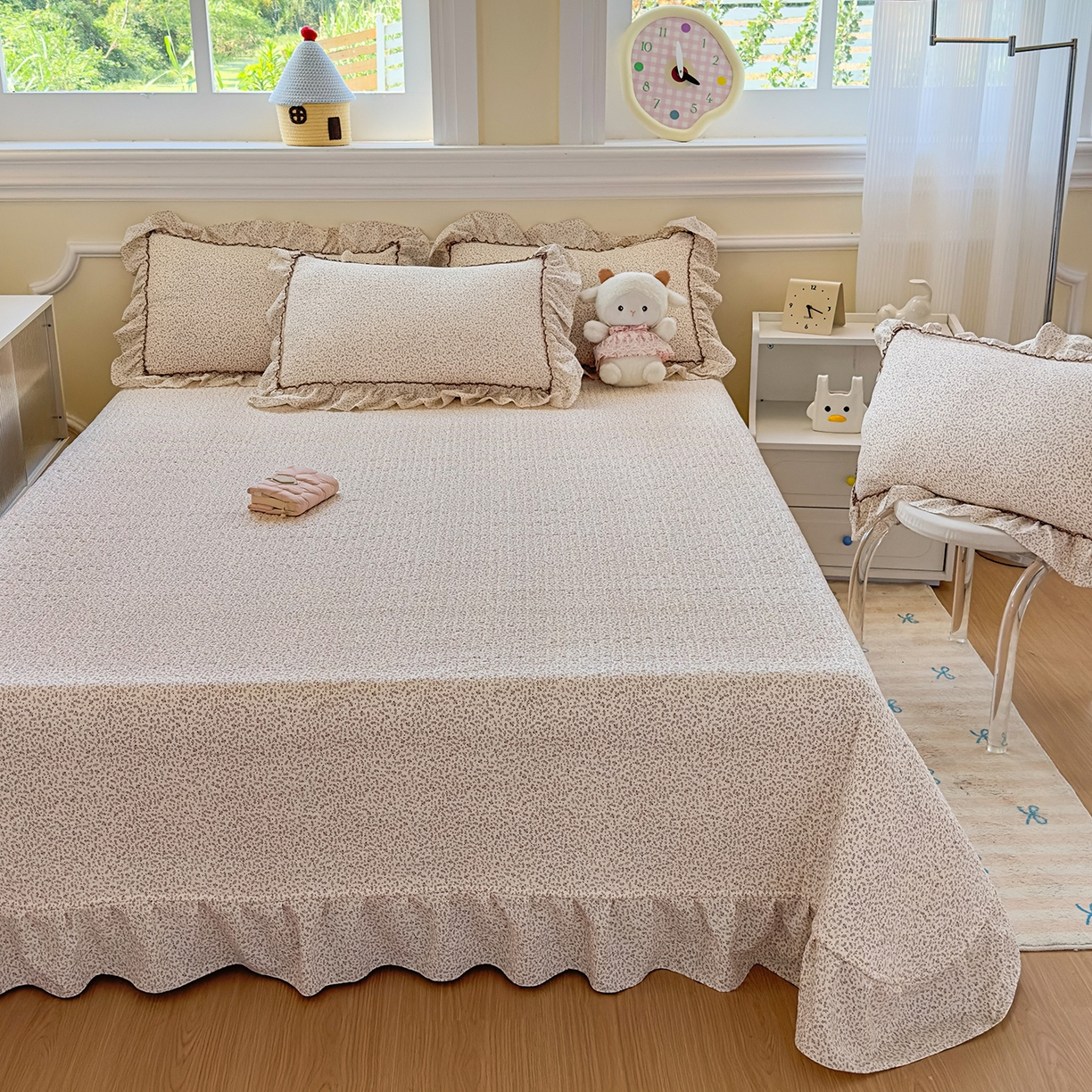 91家纺网 家纺一手货源 找家纺 星光耀 2026春夏新品加厚皱皱纱床盖四件套系列 小美好-咖