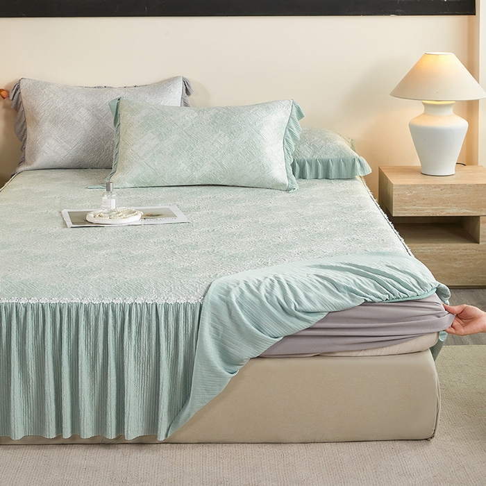 91家纺网 家纺一手货源 找家纺 桂雅居 2026新款进口高分子素夏轻居床裙床笠款凉席三件套（会员减15 控价：不低于298（券后）） 清新绿