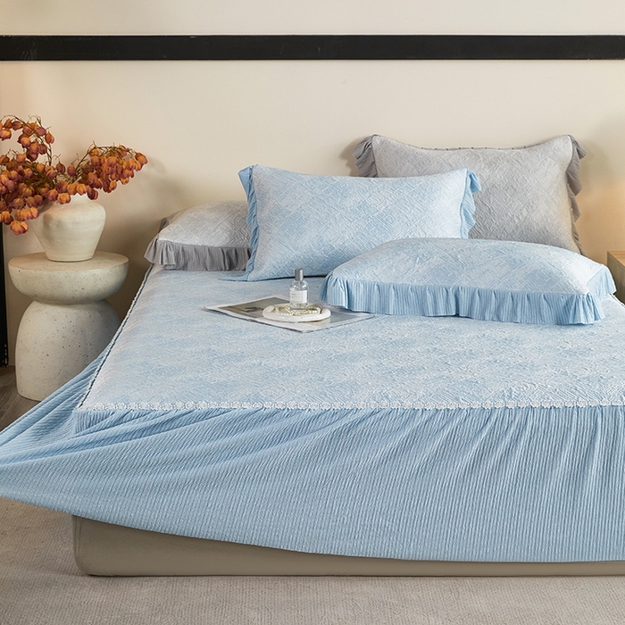 91家纺网 家纺一手货源 找家纺 桂雅居 2026新款进口高分子素夏轻居床裙床笠款凉席三件套（会员减15 控价：不低于298（券后）） 薄荷蓝
