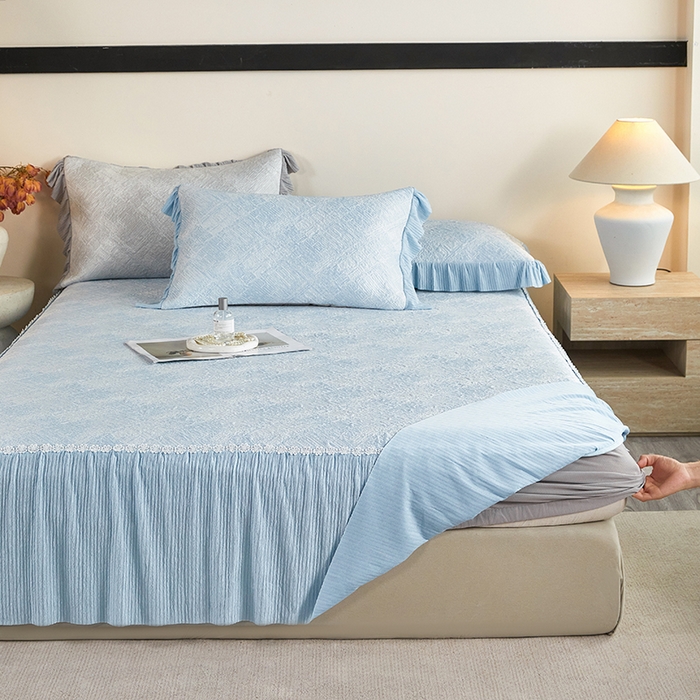 91家纺网 家纺一手货源 找家纺 桂雅居 2026新款进口高分子素夏轻居床裙床笠款凉席三件套（会员减15 控价：不低于298（券后）） 薄荷蓝