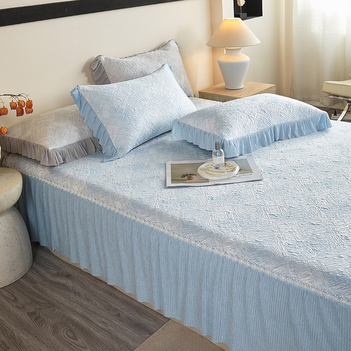 91家纺网 家纺一手货源 找家纺 桂雅居 2026新款进口高分子素夏轻居床裙床笠款凉席三件套（会员减15 控价：不低于298（券后）） 薄荷蓝