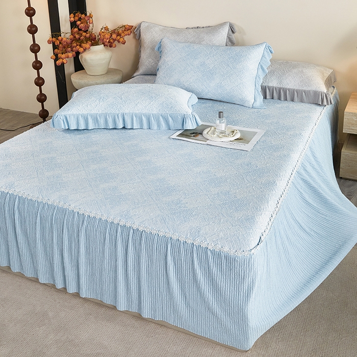 91家纺网 家纺一手货源 找家纺 桂雅居 2026新款进口高分子素夏轻居床裙床笠款凉席三件套（会员减15 控价：不低于298（券后）） 薄荷蓝