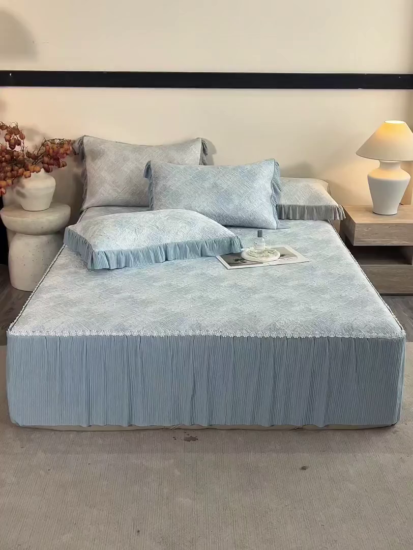 91家纺网 家纺一手货源 找家纺 桂雅居 2026新款进口高分子素夏轻居床裙床笠款凉席三件套（会员减15 控价：不低于298（券后）） 薄荷蓝