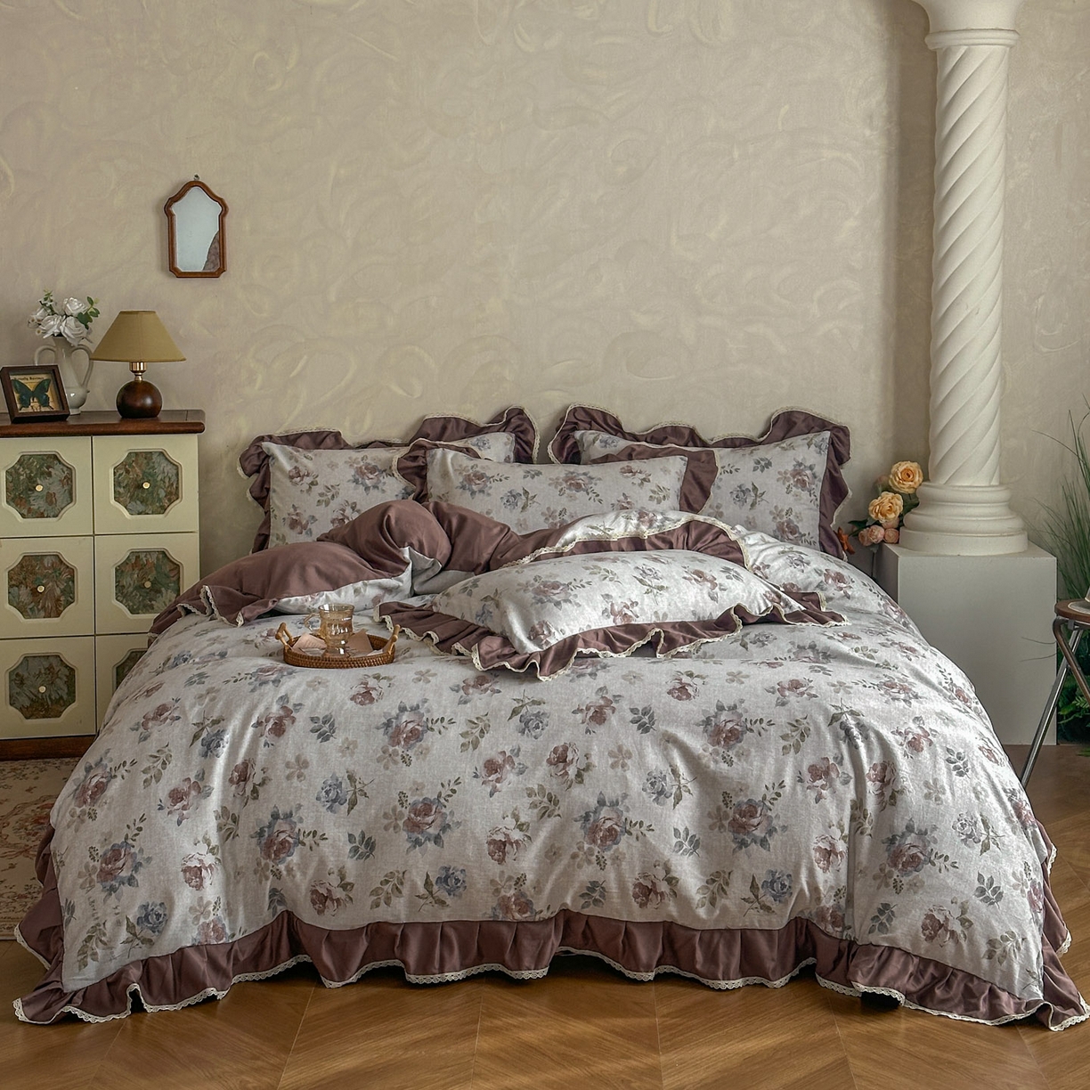 91家纺网 家纺一手货源 找家纺 星光耀 2026新款A类高克重斜纹云柔棉床盖四件套 茶礼·梅子红