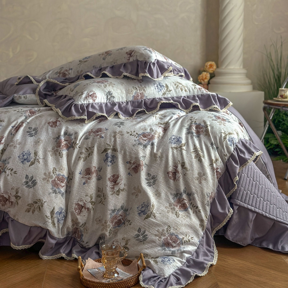 91家纺网 家纺一手货源 找家纺 星光耀 2026新款A类高克重斜纹云柔棉床盖四件套 茶礼·远山紫