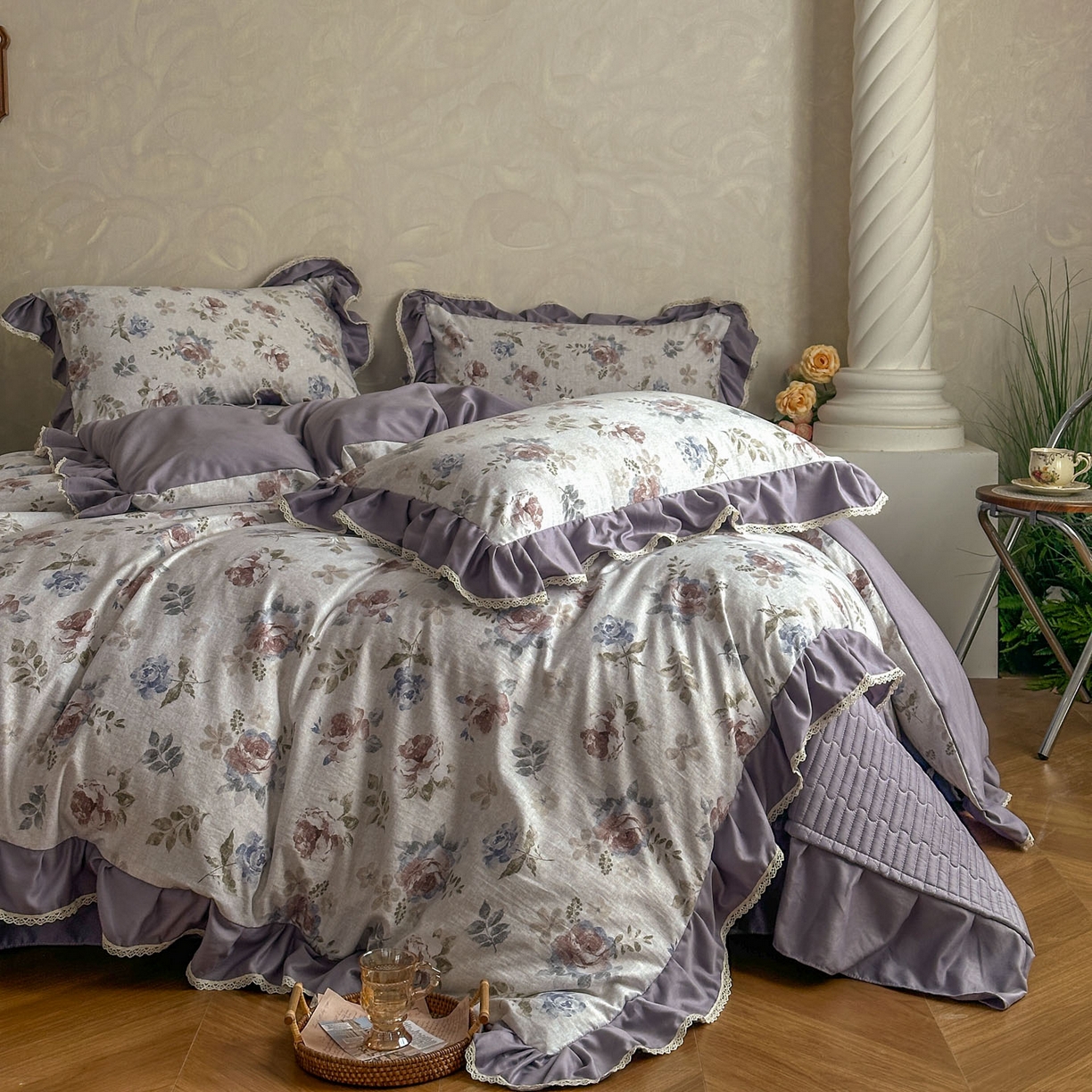 91家纺网 家纺一手货源 找家纺 星光耀 2026新款A类高克重斜纹云柔棉床盖四件套 茶礼·远山紫