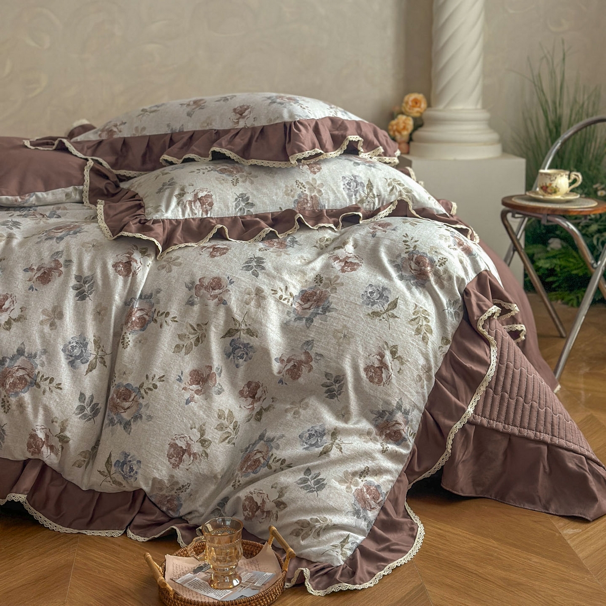 91家纺网 家纺一手货源 找家纺 星光耀 2026新款A类高克重斜纹云柔棉床盖四件套 茶礼·梅子红