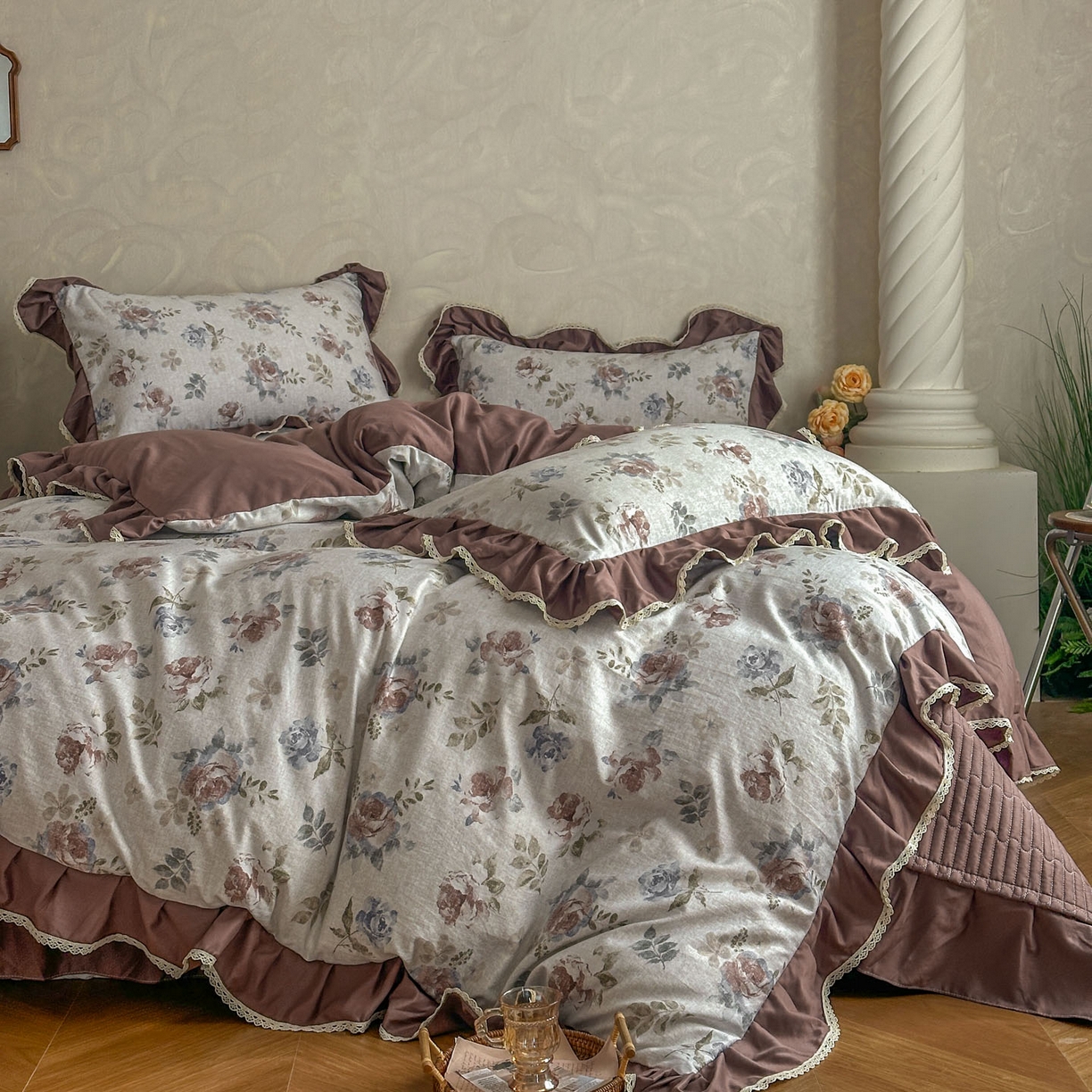 91家纺网 家纺一手货源 找家纺 星光耀 2026新款A类高克重斜纹云柔棉床盖四件套 茶礼·梅子红