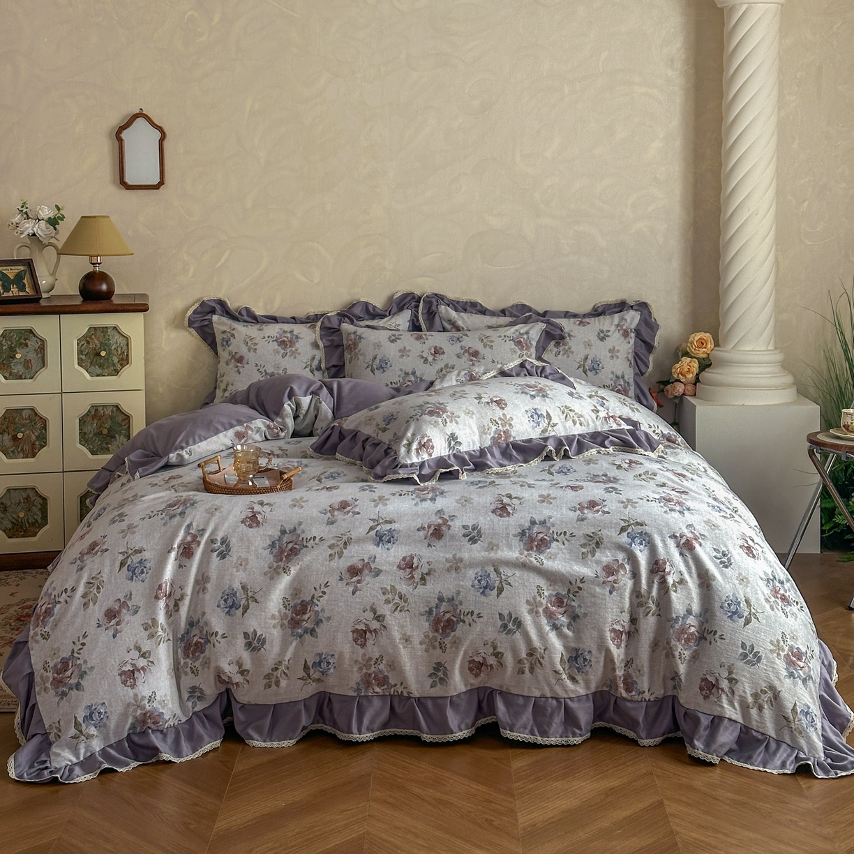 91家纺网 家纺一手货源 找家纺 星光耀 2026新款A类高克重斜纹云柔棉床盖四件套 茶礼·远山紫