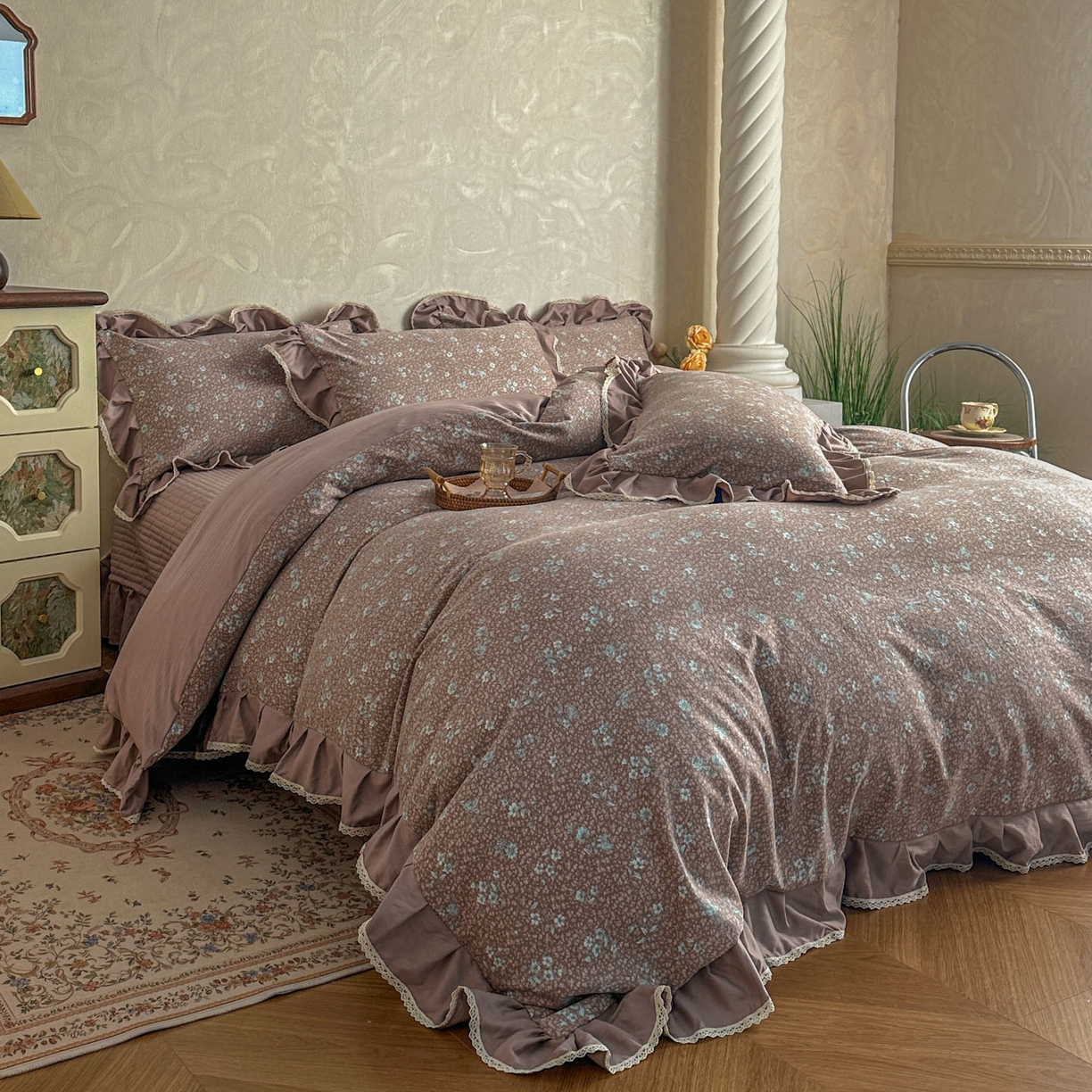 91家纺网 家纺一手货源 找家纺 星光耀 2026新款A类高克重斜纹云柔棉床盖四件套 花棠