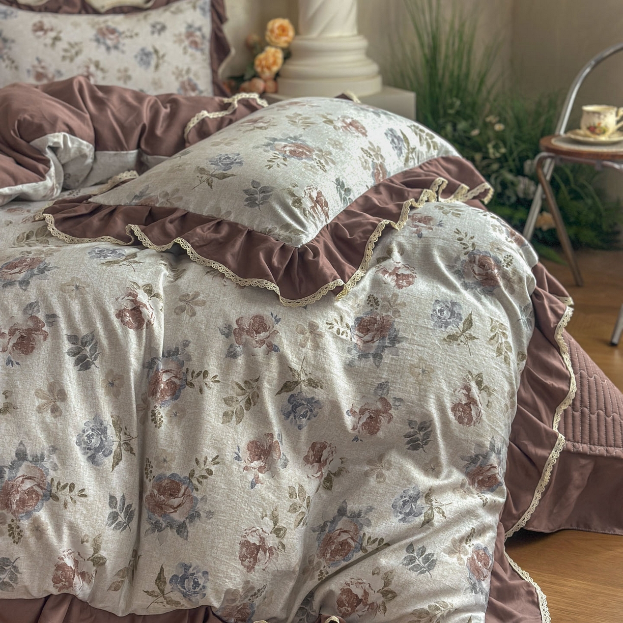 91家纺网 家纺一手货源 找家纺 星光耀 2026新款A类高克重斜纹云柔棉床盖四件套 茶礼·梅子红