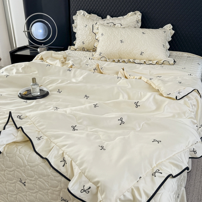 星光耀 2026新款水洗真丝夏被床盖四件套 蝴蝶结芝士米