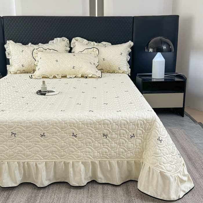 91家纺网 家纺一手货源 找家纺 星光耀 2026新款水洗真丝夏被床盖四件套 蝴蝶结芝士米