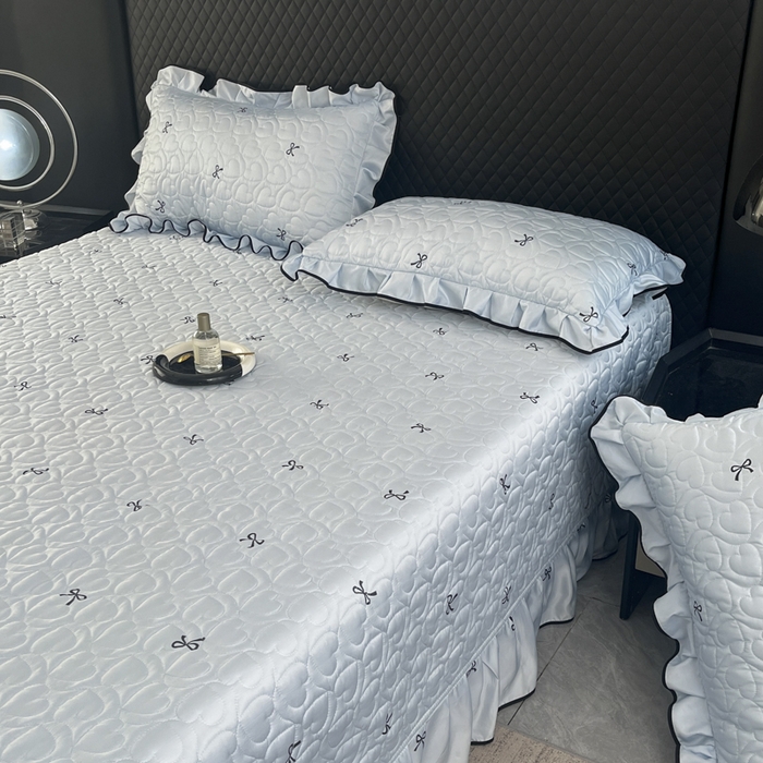 91家纺网 家纺一手货源 找家纺 星光耀 2026新款水洗真丝夏被床盖四件套 蝴蝶结海盐蓝