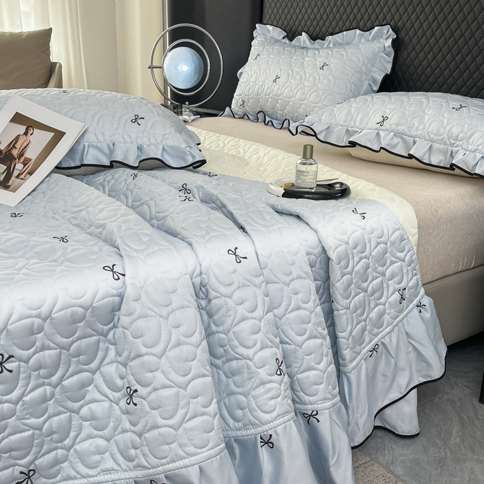 91家纺网 家纺一手货源 找家纺 星光耀 2026新款水洗真丝夏被床盖四件套 蝴蝶结海盐蓝