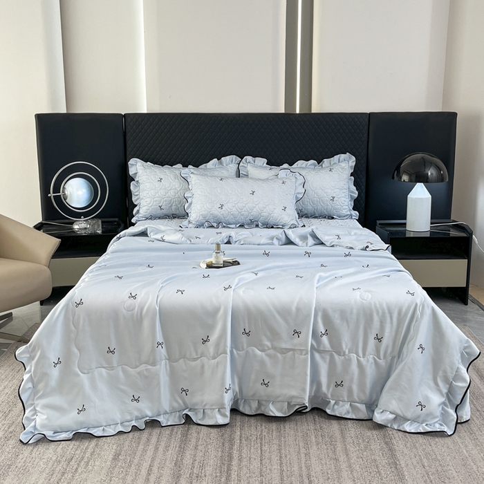 91家纺网 家纺一手货源 找家纺 星光耀 2026新款水洗真丝夏被床盖四件套 蝴蝶结海盐蓝