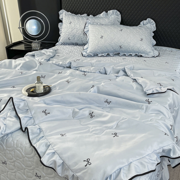 星光耀 2026新款水洗真丝夏被床盖四件套 蝴蝶结海盐蓝