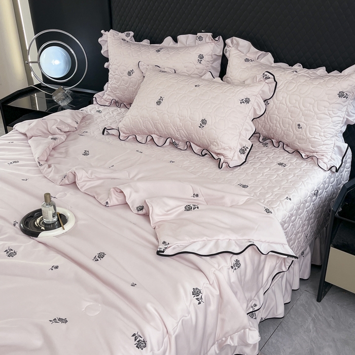 91家纺网 家纺一手货源 找家纺 星光耀 2026新款水洗真丝夏被床盖四件套 玫瑰甜桃粉