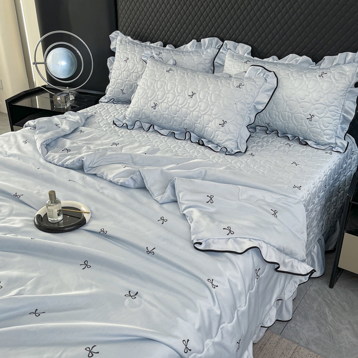 91家纺网 家纺一手货源 找家纺 星光耀 2026新款水洗真丝夏被床盖四件套 蝴蝶结海盐蓝