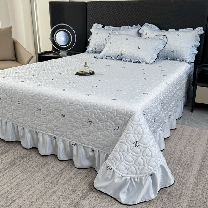 91家纺网 家纺一手货源 找家纺 星光耀 2026新款水洗真丝夏被床盖四件套 蝴蝶结海盐蓝