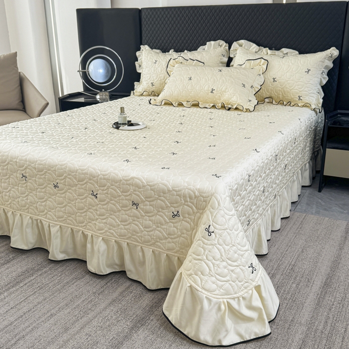 91家纺网 家纺一手货源 找家纺 星光耀 2026新款水洗真丝夏被床盖四件套 蝴蝶结芝士米