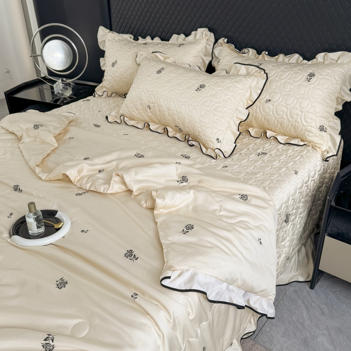 91家纺网 家纺一手货源 找家纺 星光耀 2026新款水洗真丝夏被床盖四件套 玫瑰芝士米