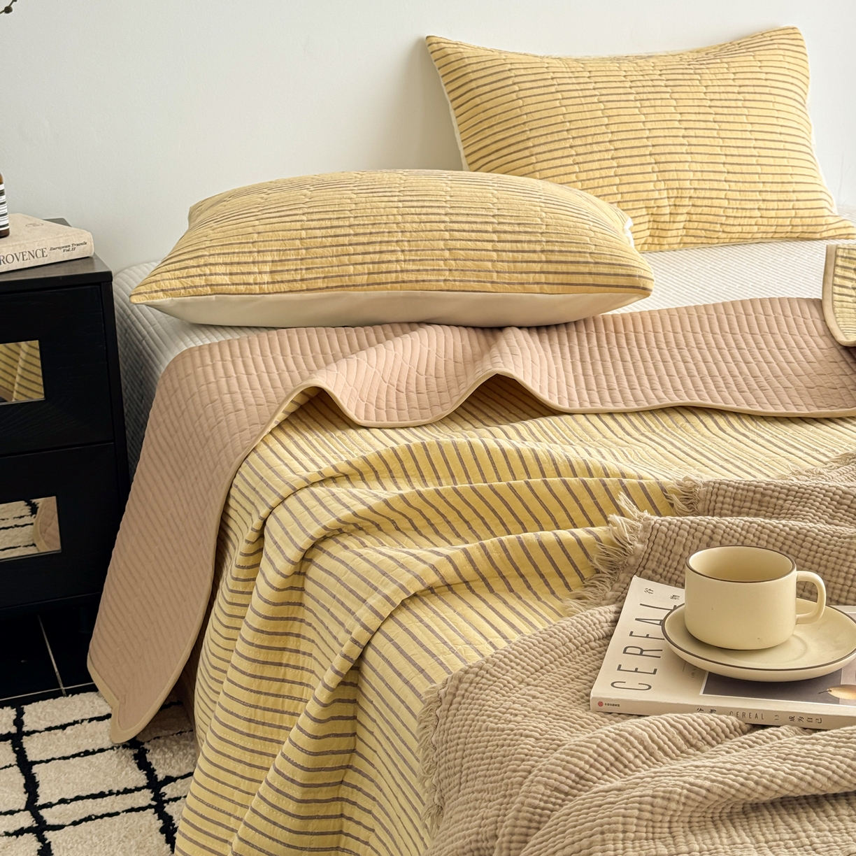 91家纺网 家纺一手货源 找家纺 （总）妮可 2026新款全棉色织水洗棉床盖四件套-伦敦生活系列