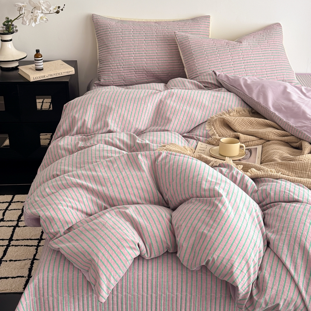 91家纺网 家纺一手货源 找家纺 （总）妮可 2026新款全棉色织水洗棉床盖四件套-伦敦生活系列