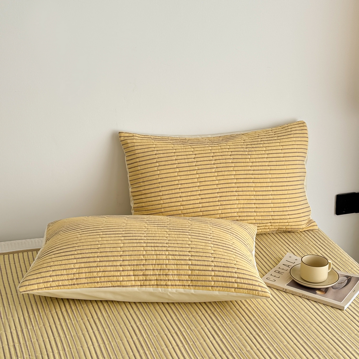 91家纺网 家纺一手货源 找家纺 妮可 2026新款全棉色织水洗棉床盖四件套-伦敦生活系列 伦敦生活-黄