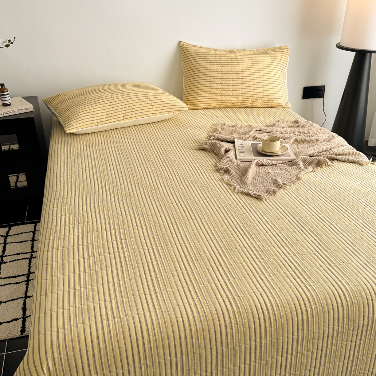91家纺网 家纺一手货源 找家纺 妮可 2026新款全棉色织水洗棉床盖四件套-伦敦生活系列 伦敦生活-黄