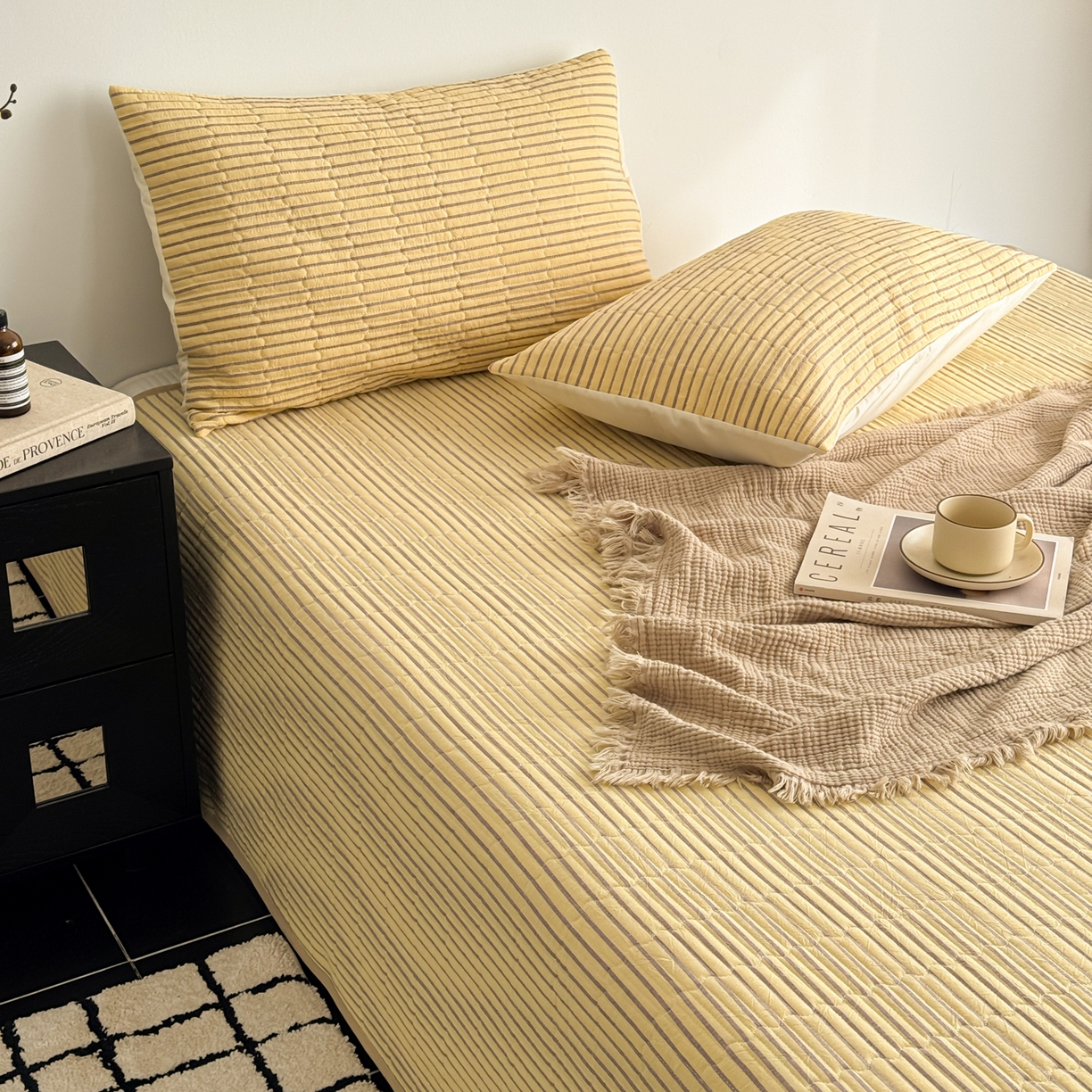 91家纺网 家纺一手货源 找家纺 妮可 2026新款全棉色织水洗棉床盖四件套-伦敦生活系列 伦敦生活-黄